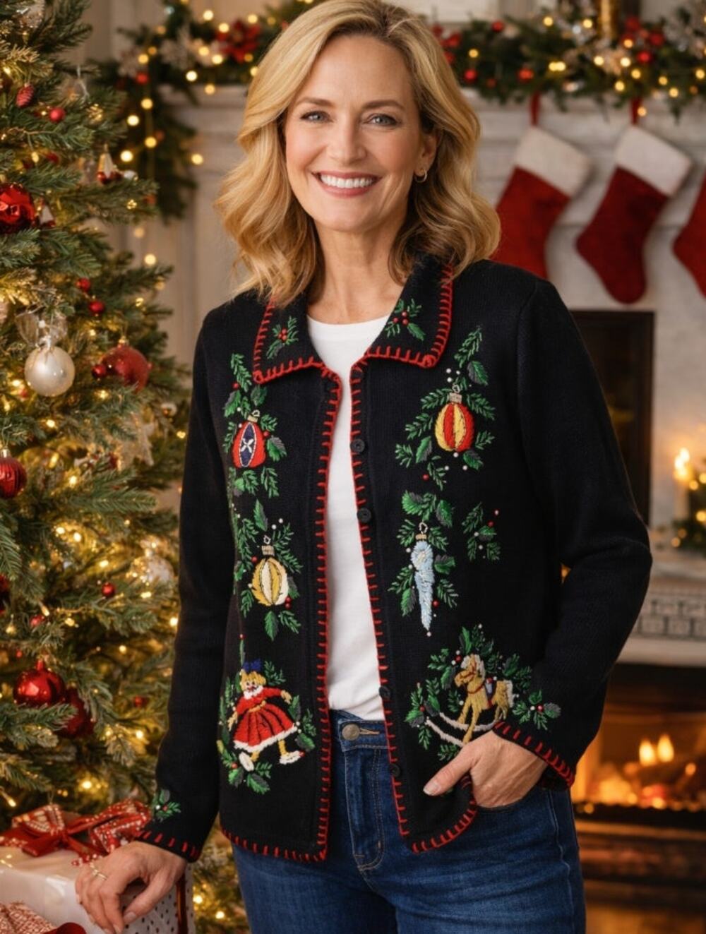 Christmas Holiday Sweater BP Designs Sm Ramie Blend Cardigan Teacher Winter VTG